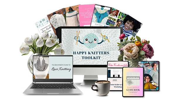 A display of knitting resources, including books, guides, and digital screens showing knitting tutorials and patterns. Surrounding are flowers, a mug, and yarn. Central text reads Happy Knitters Toolkit.